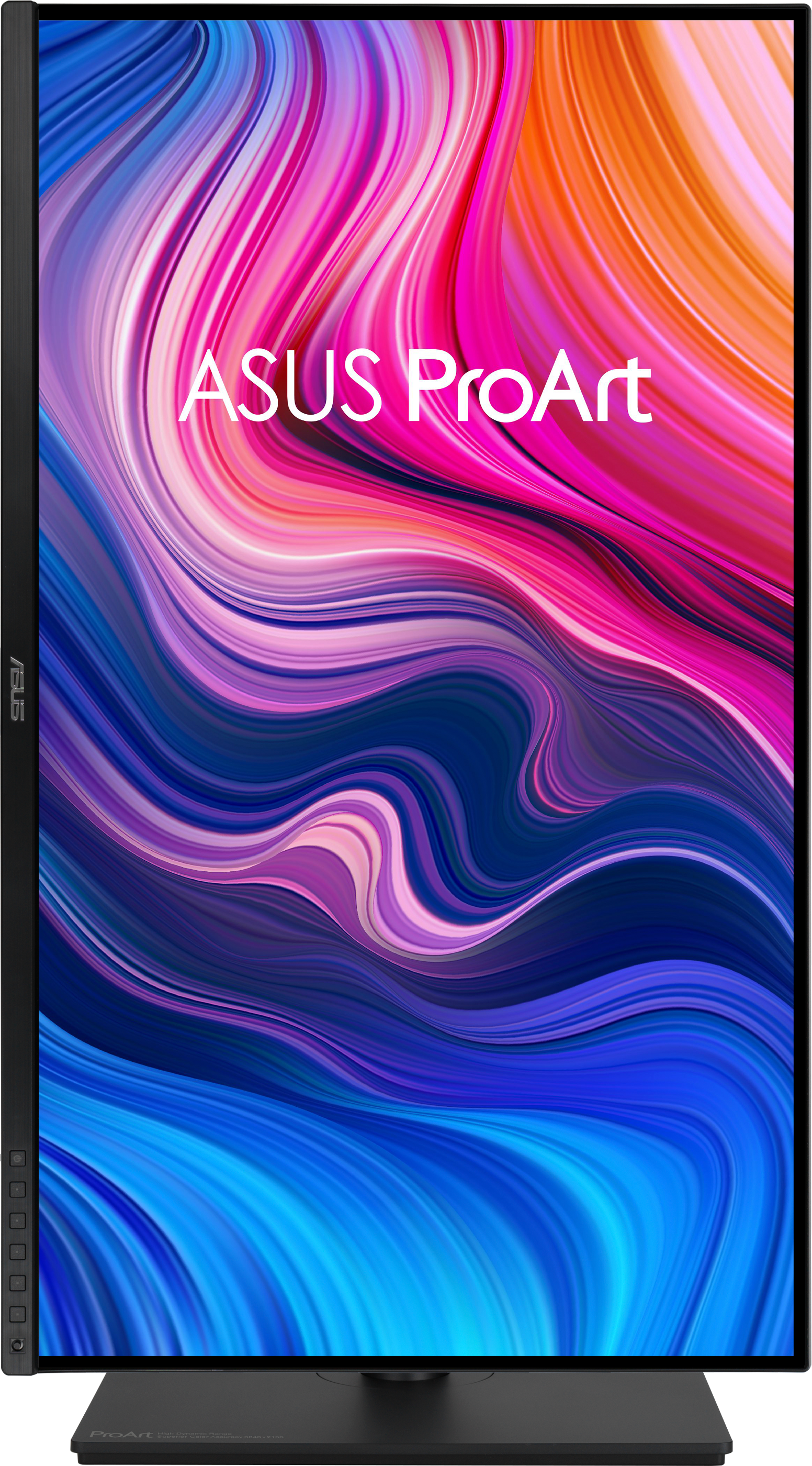 ASUS ProArt Monitor, bunter abstrakter Hintergrund, vertikale Ausrichtung.