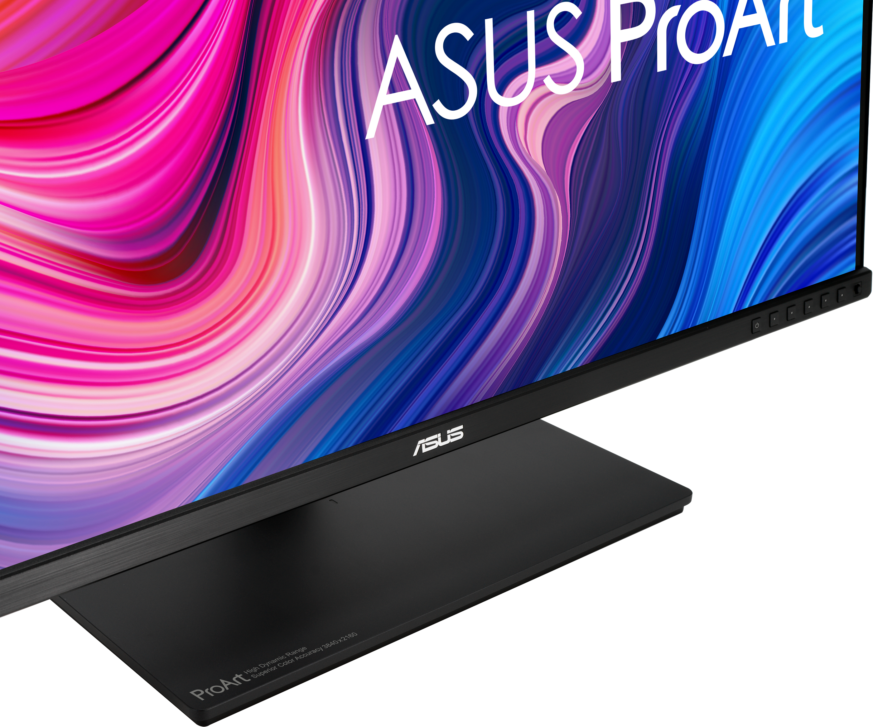 ASUS ProArt Monitor mit farbenfrohem, abstraktem Hintergrund. Schwarzer Sockel, Nahaufnahme.