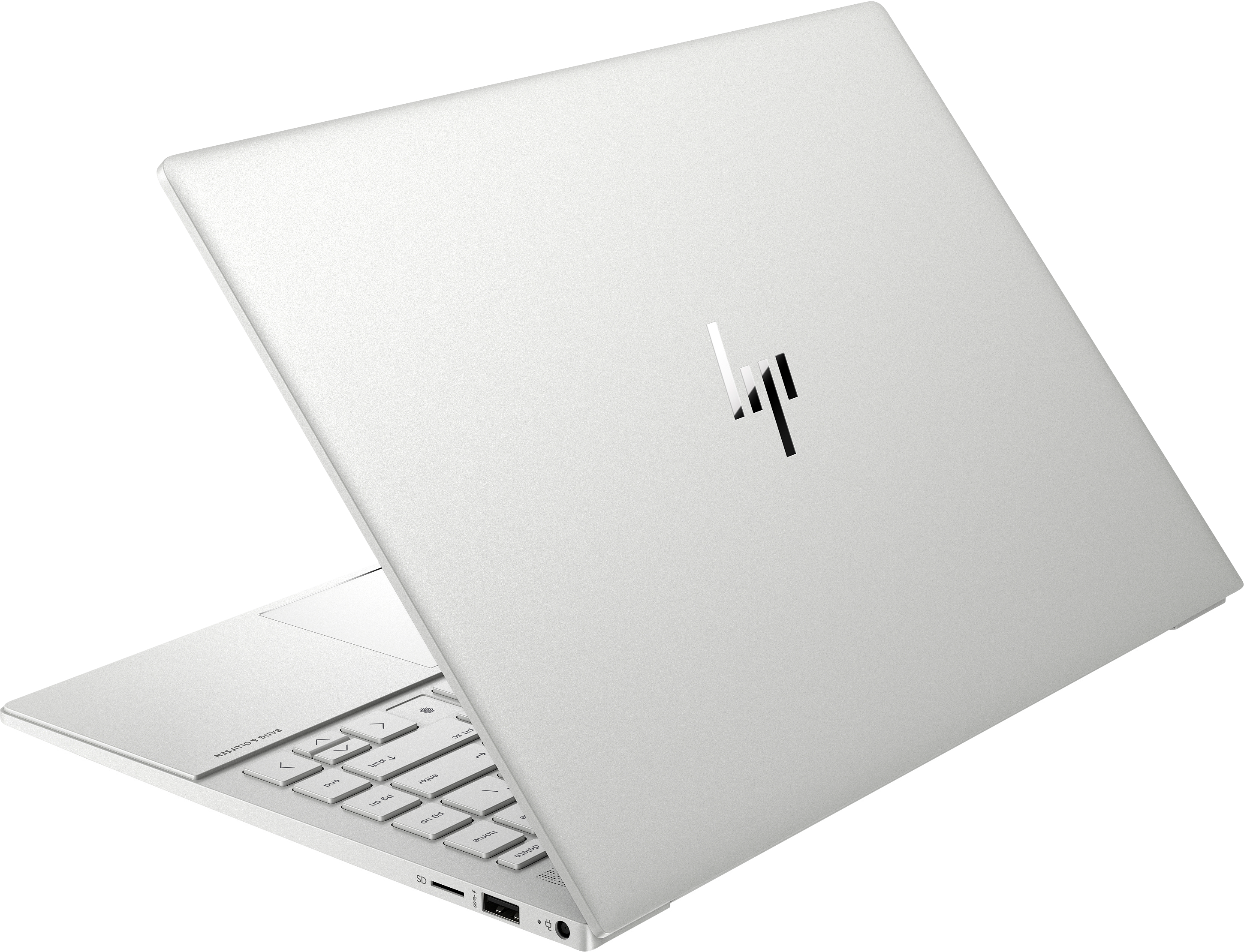 Laptop plateado con el logo de HP abierto, mostrando el teclado y la pantalla.