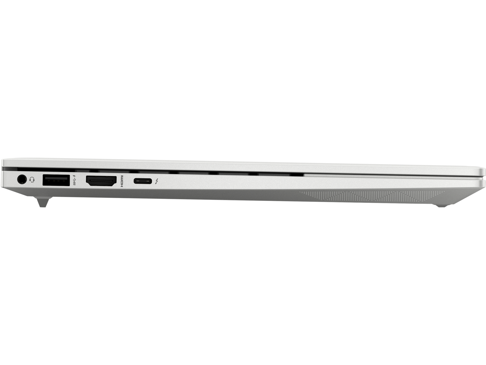 Vista lateral de un portátil blanco con puertos a la izquierda, incluyendo USB-C y HDMI, sobre fondo negro.