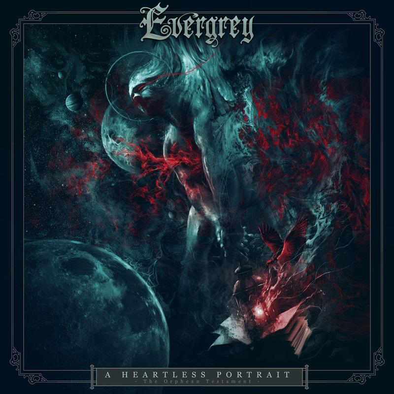 Evergrey Albumcover. Ein dunkles Gemälde mit Figuren. Text sagt "A Heartless Portrait - The Orphean Testament".