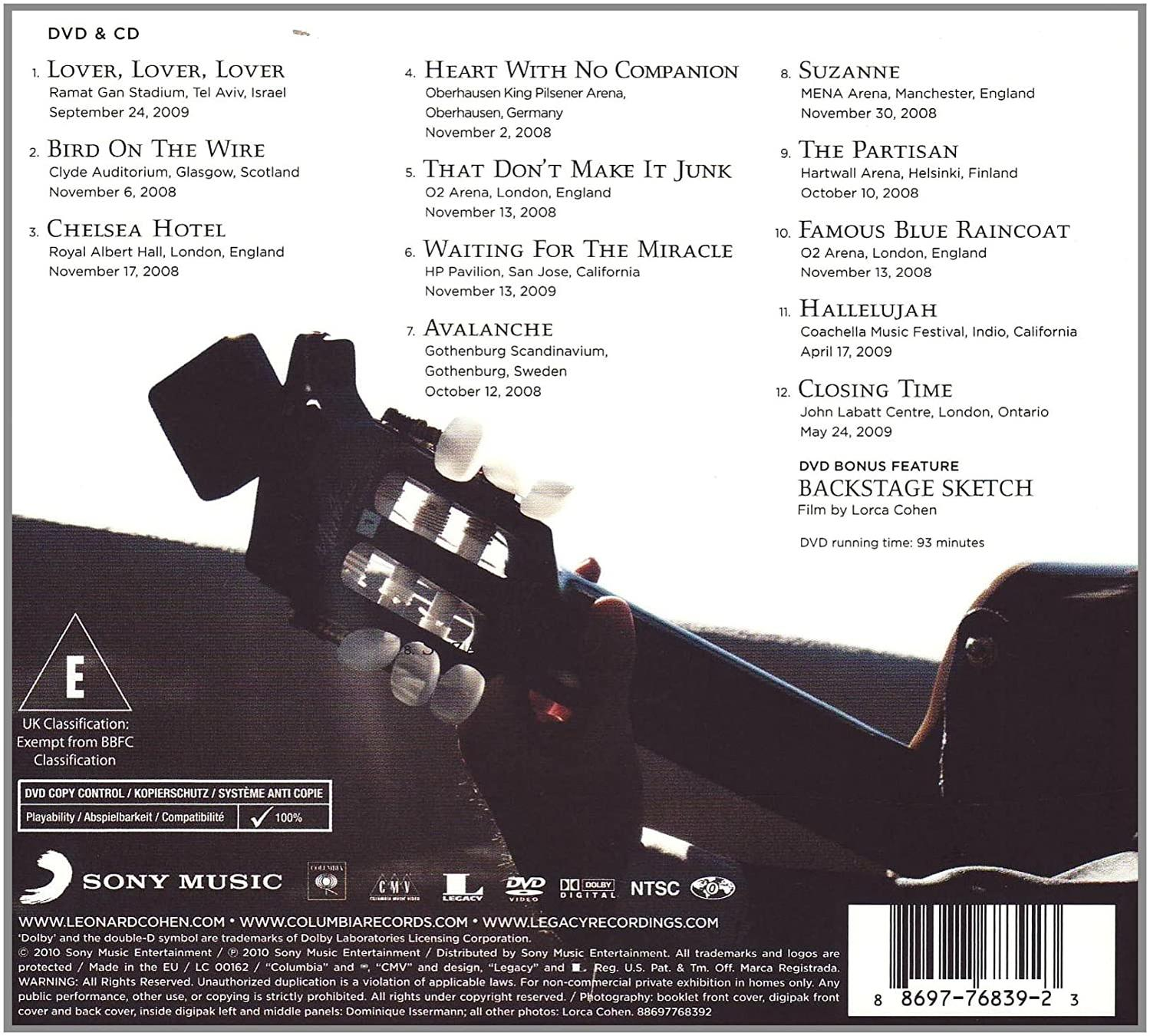 DVD-Hülle mit Gitarre. Auflistung der Tourdaten und des Leonard Cohen Albums.