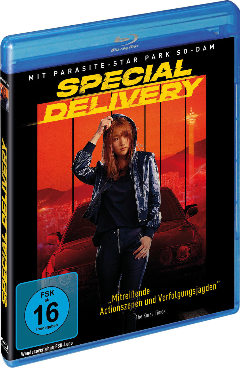 Filmcover mit Frau in Jacke, Auto und Text.
