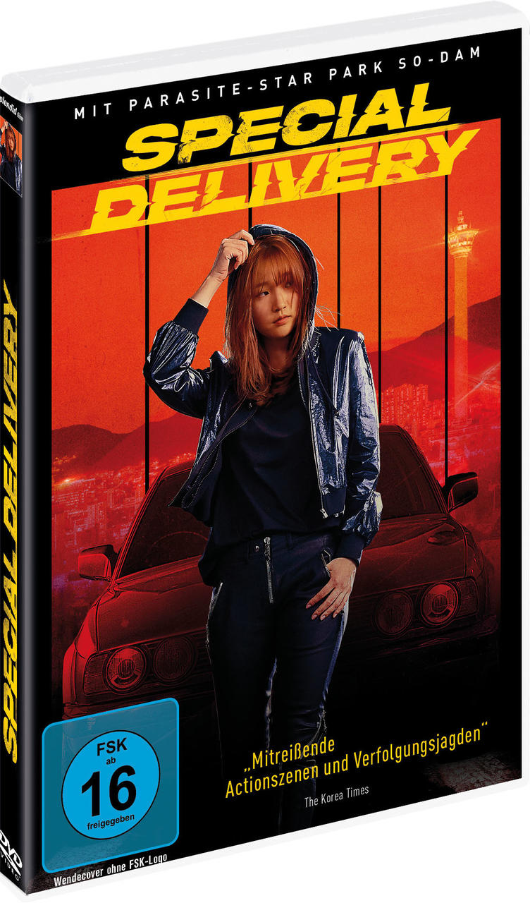 DVD-Cover des Films Special Delivery. Eine Frau in einer Jacke steht vor einem Auto mit rotem Hintergrund.