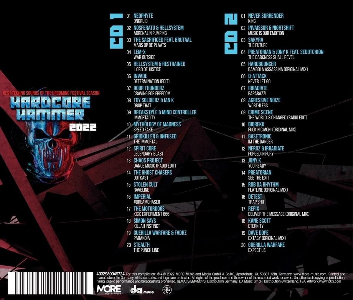 Poster mit Text über eine Musikkompilation, mit einer Totenkopf-Grafik. Roter und blauer Hintergrund.