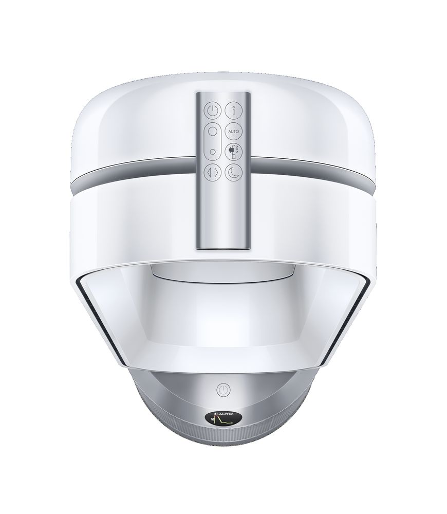 Purificador de aire blanco con panel de control plateado y diseño redondeado.