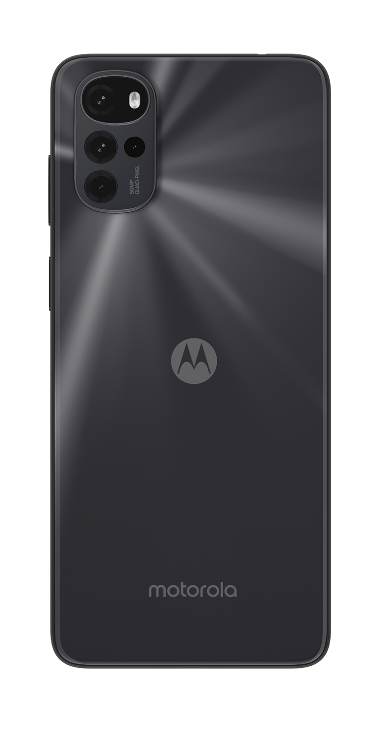 De achterkant van een donkergrijze Motorola smartphone met een camera-opstelling en het merklogo.
