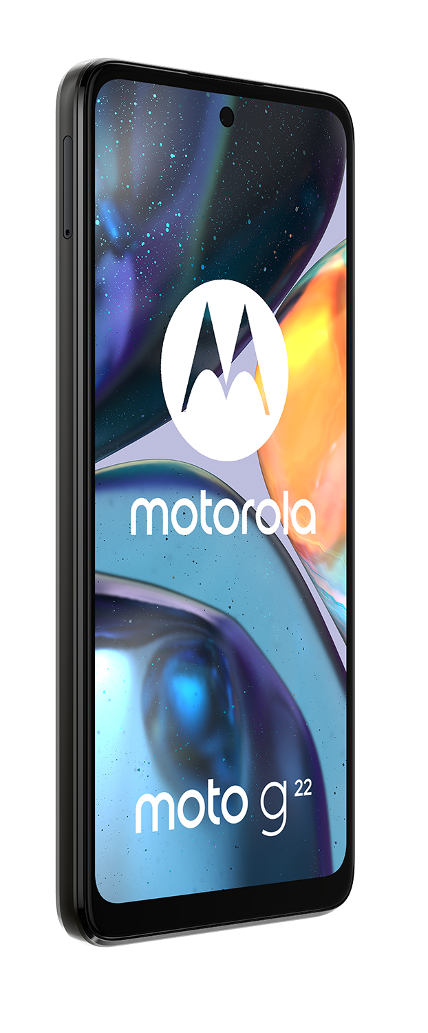 Een zwarte Motorola moto g22 smartphone wordt onder een hoek getoond.