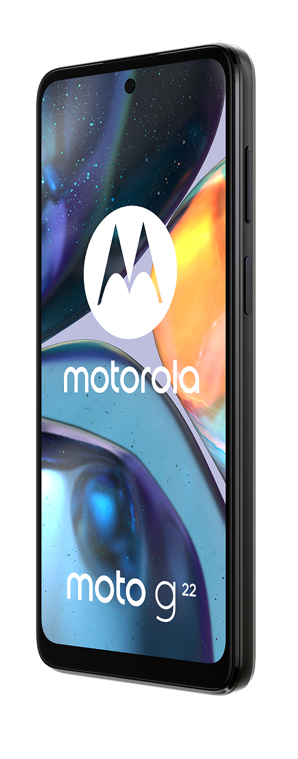 Motorola Moto G22 telefoon, zwart frame, scherm toont logo en moto g22 tekst, schuine weergave.