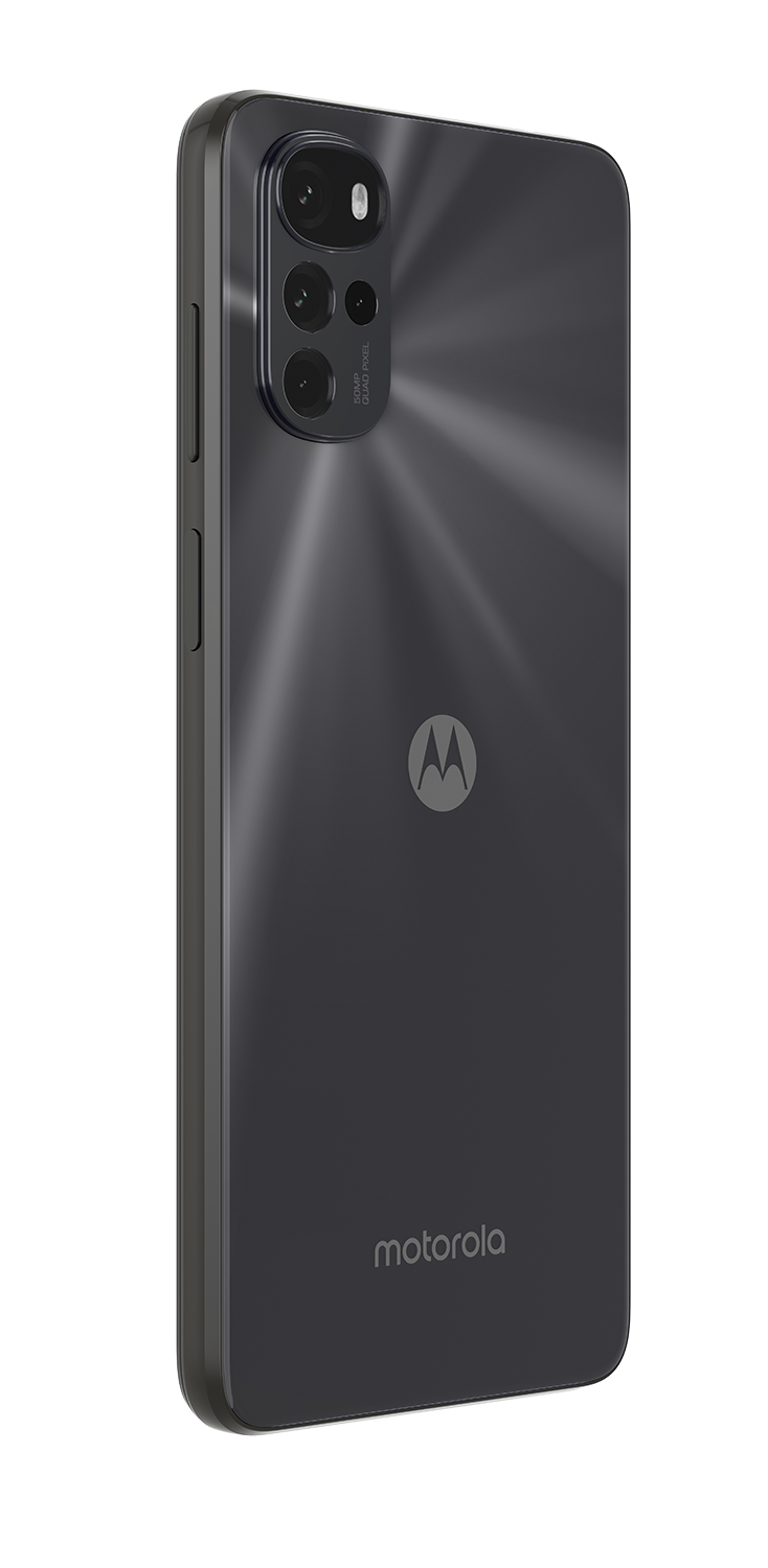 Achterkant van een zwarte Motorola-telefoon met drievoudige camera. Motorola logo.