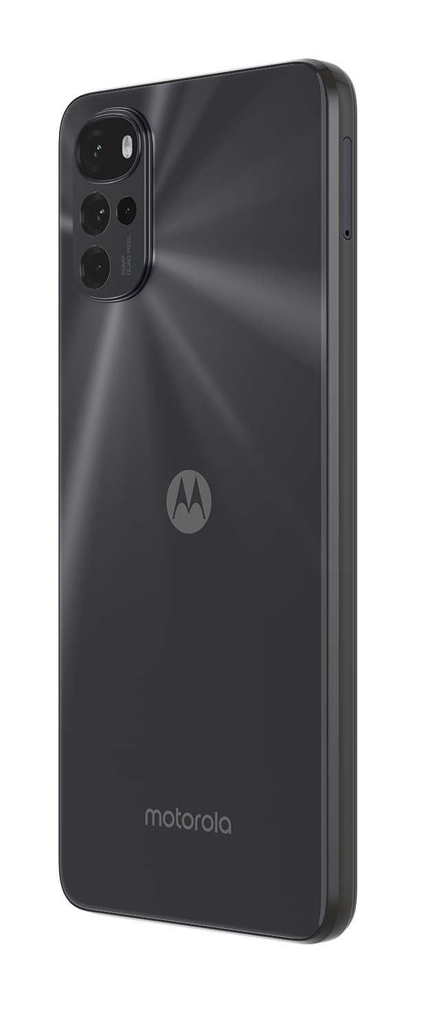 Zwarte Motorola smartphone, achteraanzicht, met camera en logo op witte achtergrond.