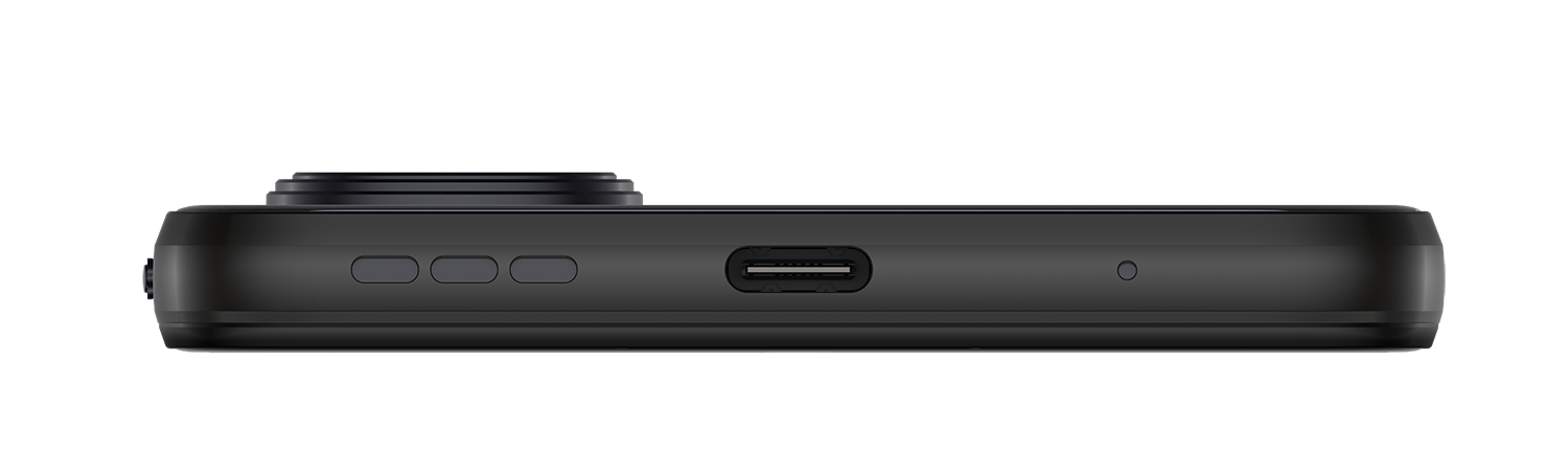 Zijaanzicht van een zwarte smartphone met camera en oplaadpoort. De telefoon heeft een slank design.