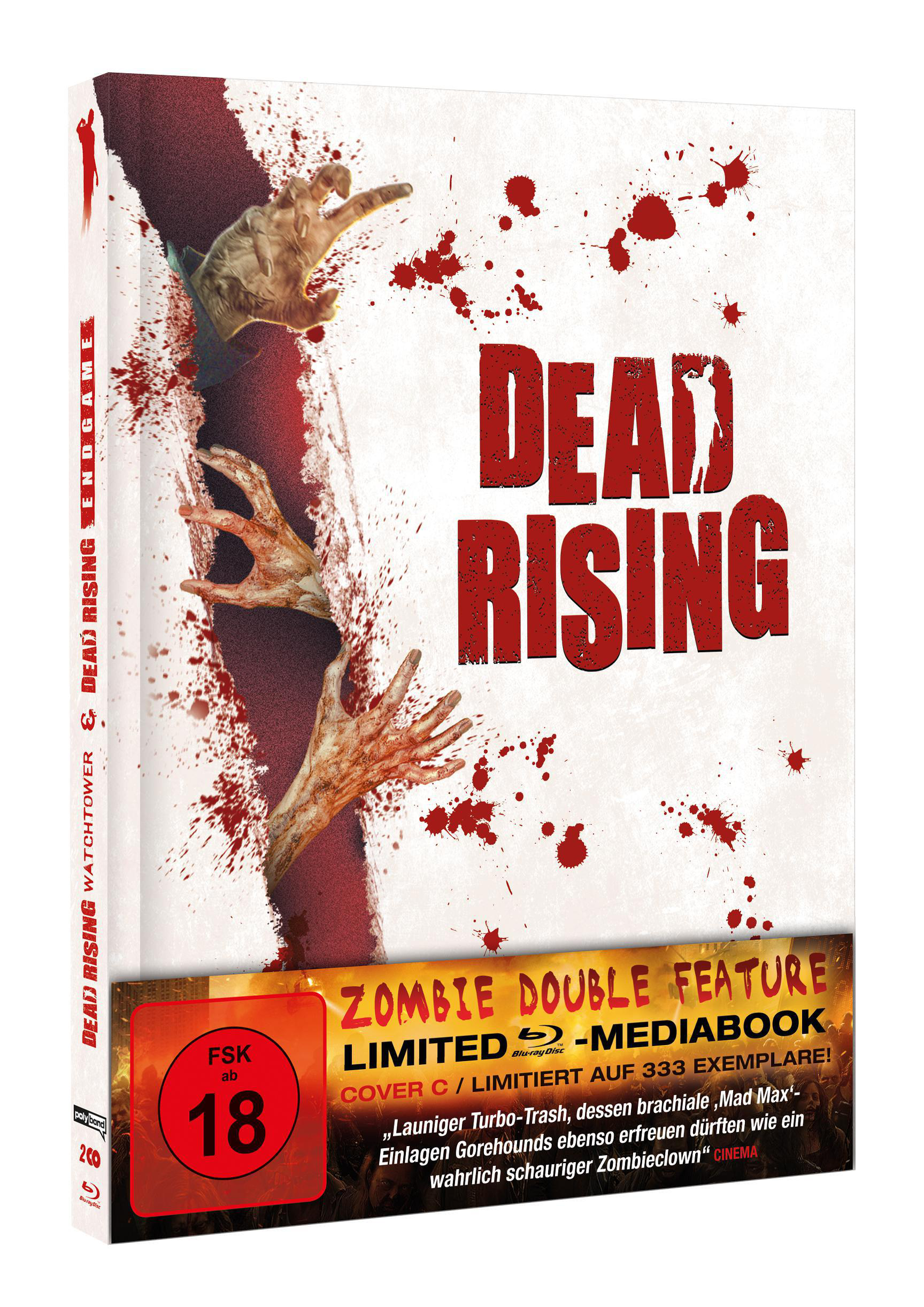 Filmcover mit Zombie-Thema. Roter Hintergrund, Hände, die sich ausstrecken, und Text.