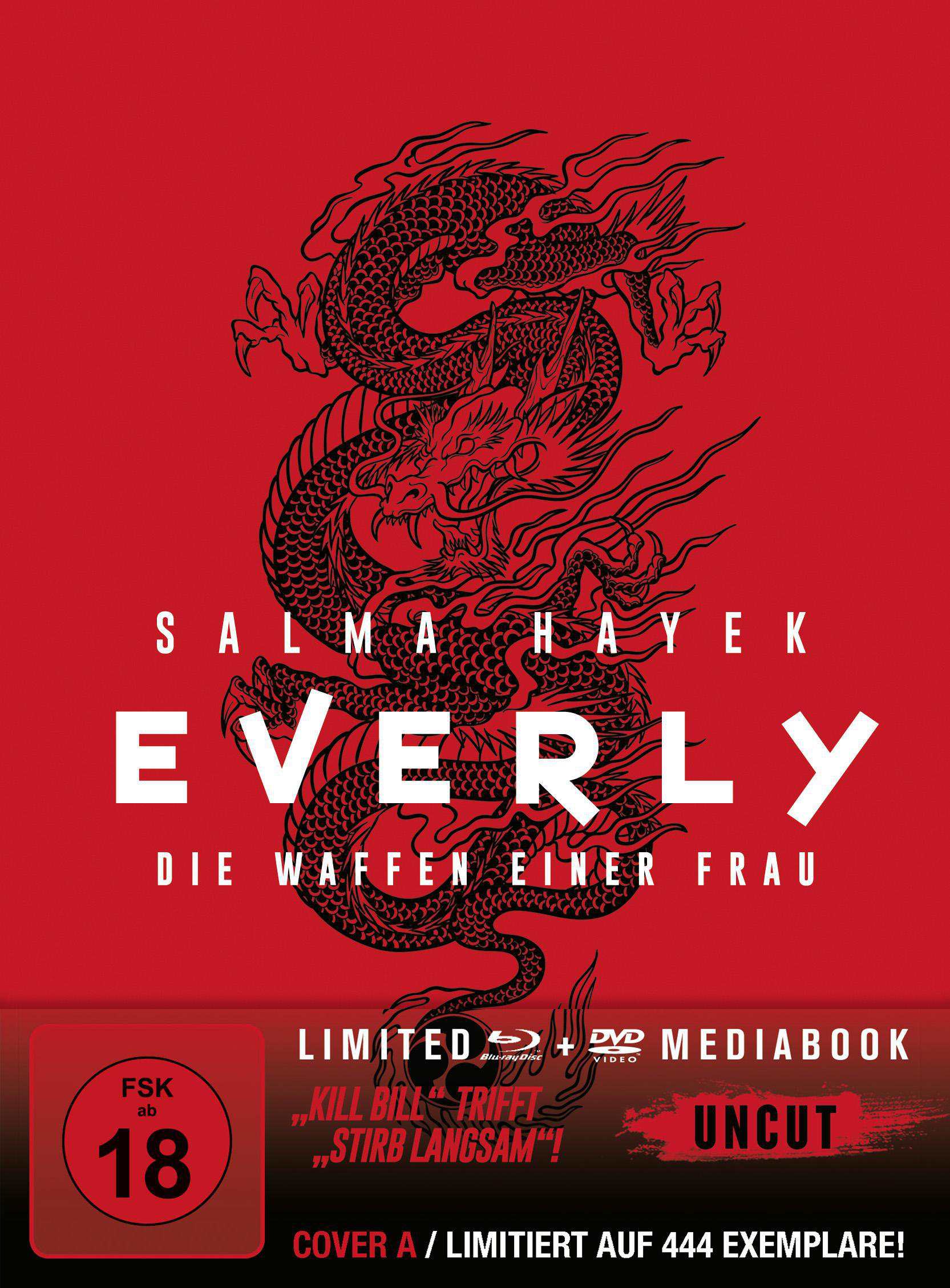 Ein Filmcover mit Salma Hayek, Drachenillustration und Text in Rot auf rotem Hintergrund.