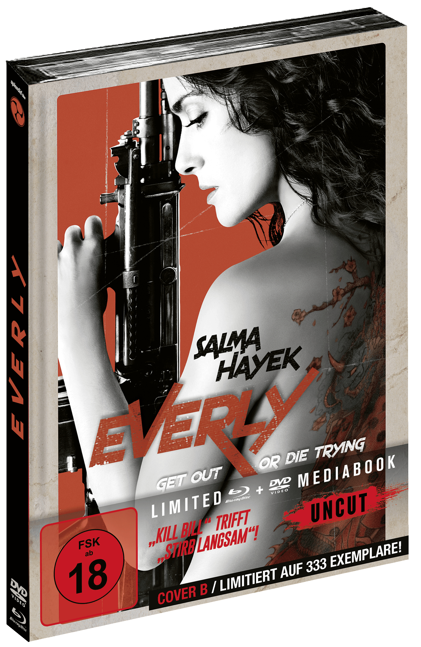 DVD-Cover: Frau mit Waffe, Salma Hayek. Text: Everly. Rote und schwarze Farben.
