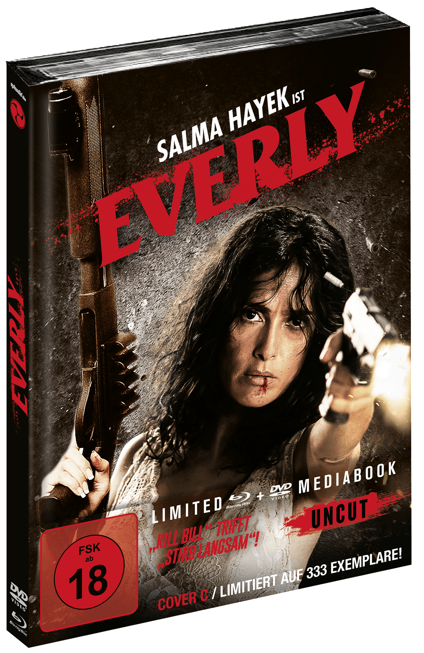 DVD-Cover mit Salma Hayek mit einer Waffe. Der Text lautet Everly, mit Bewertung und DVD-Details.