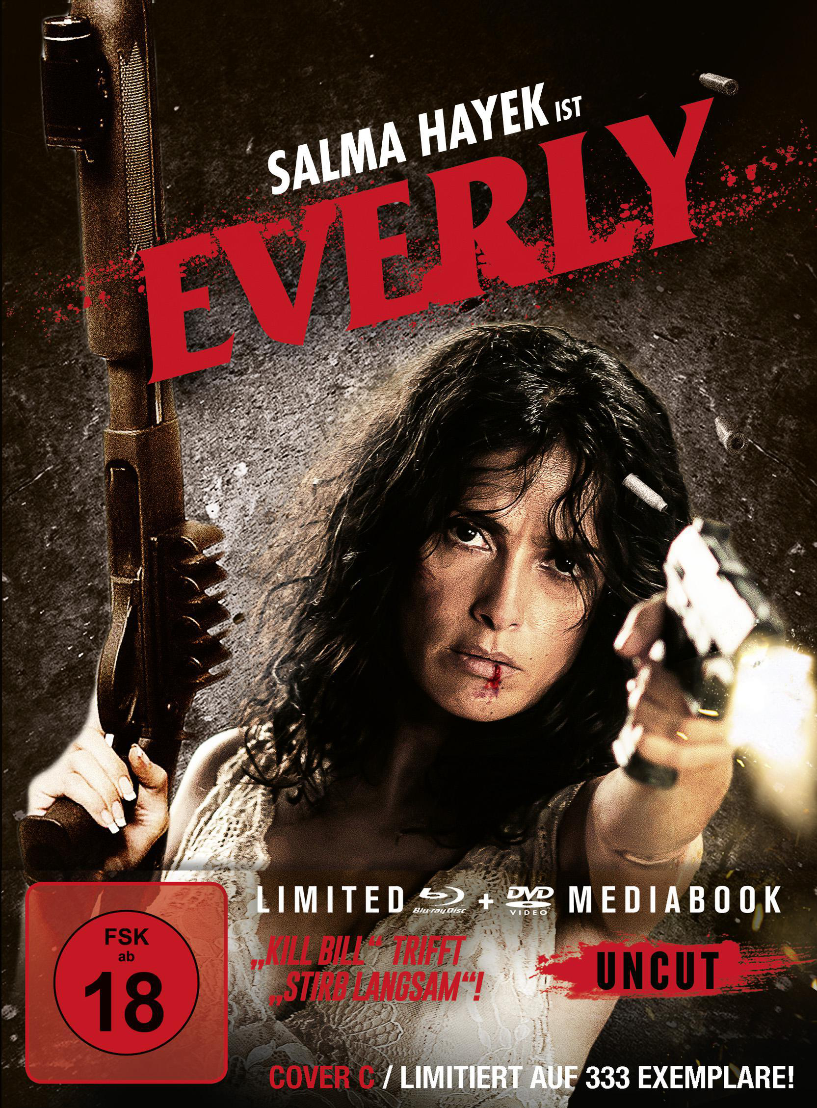 Filmcover: Salma Hayek mit einer Waffe. Text in Rot ist auf dem Filmcover.