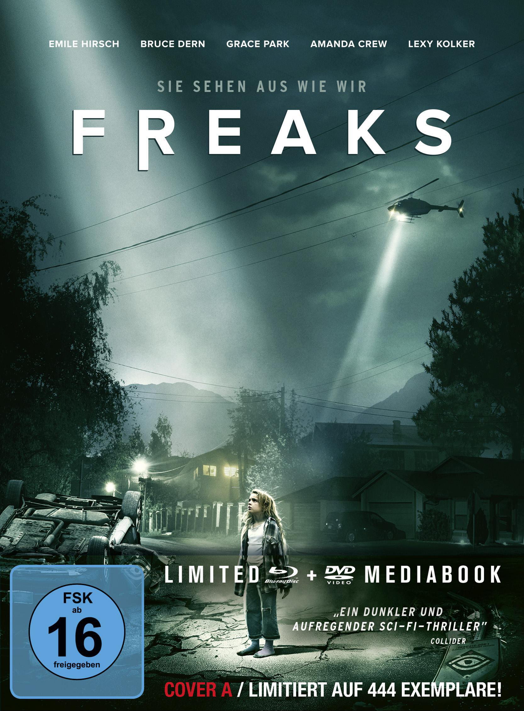 Filmplakat für Freaks, Mädchen, Hubschrauber, dunkle Szene.