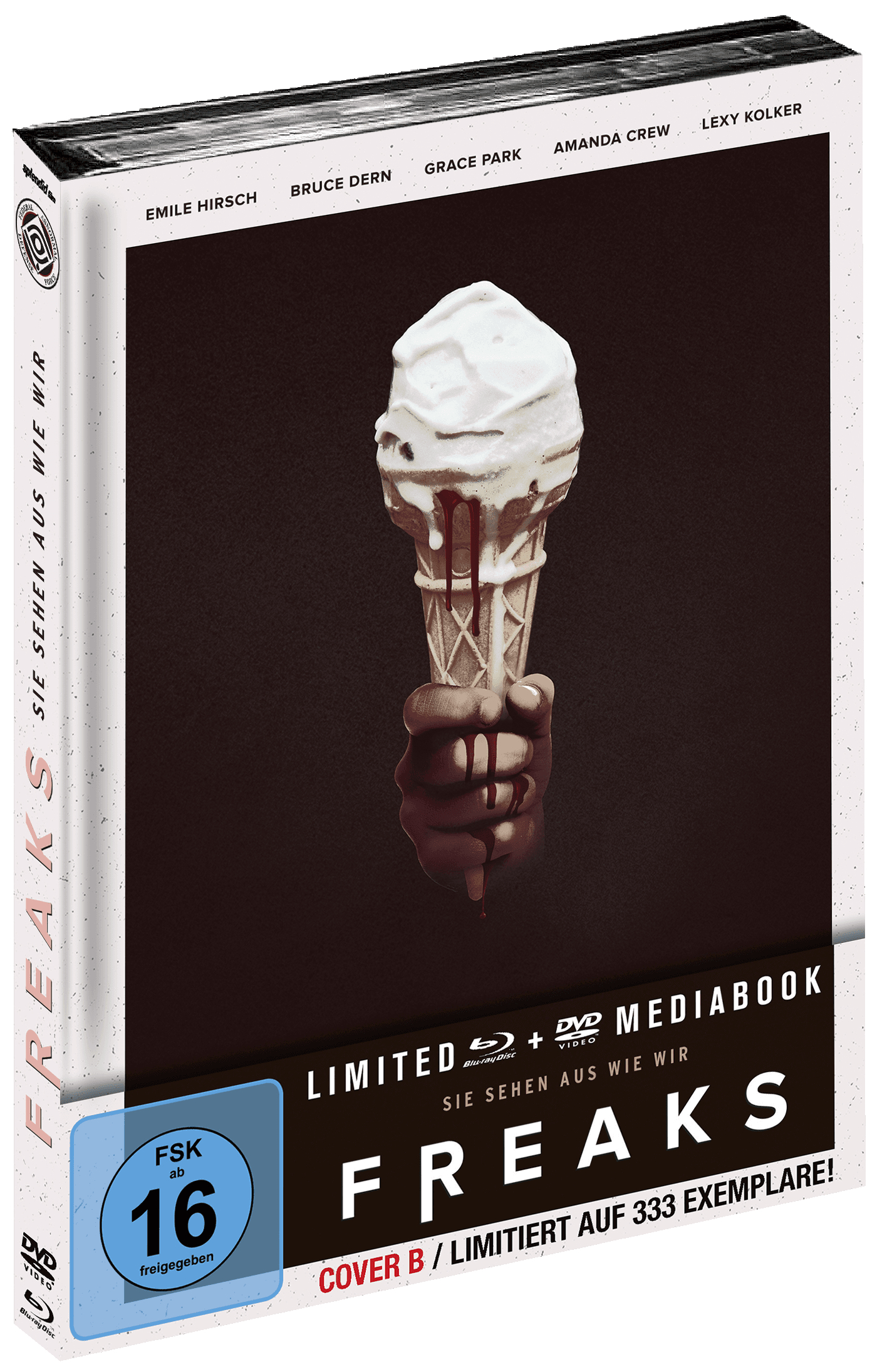 Freaks Blu-ray und DVD Mediabook. Mit Filmcover-Art mit Hand, die Eis hält.