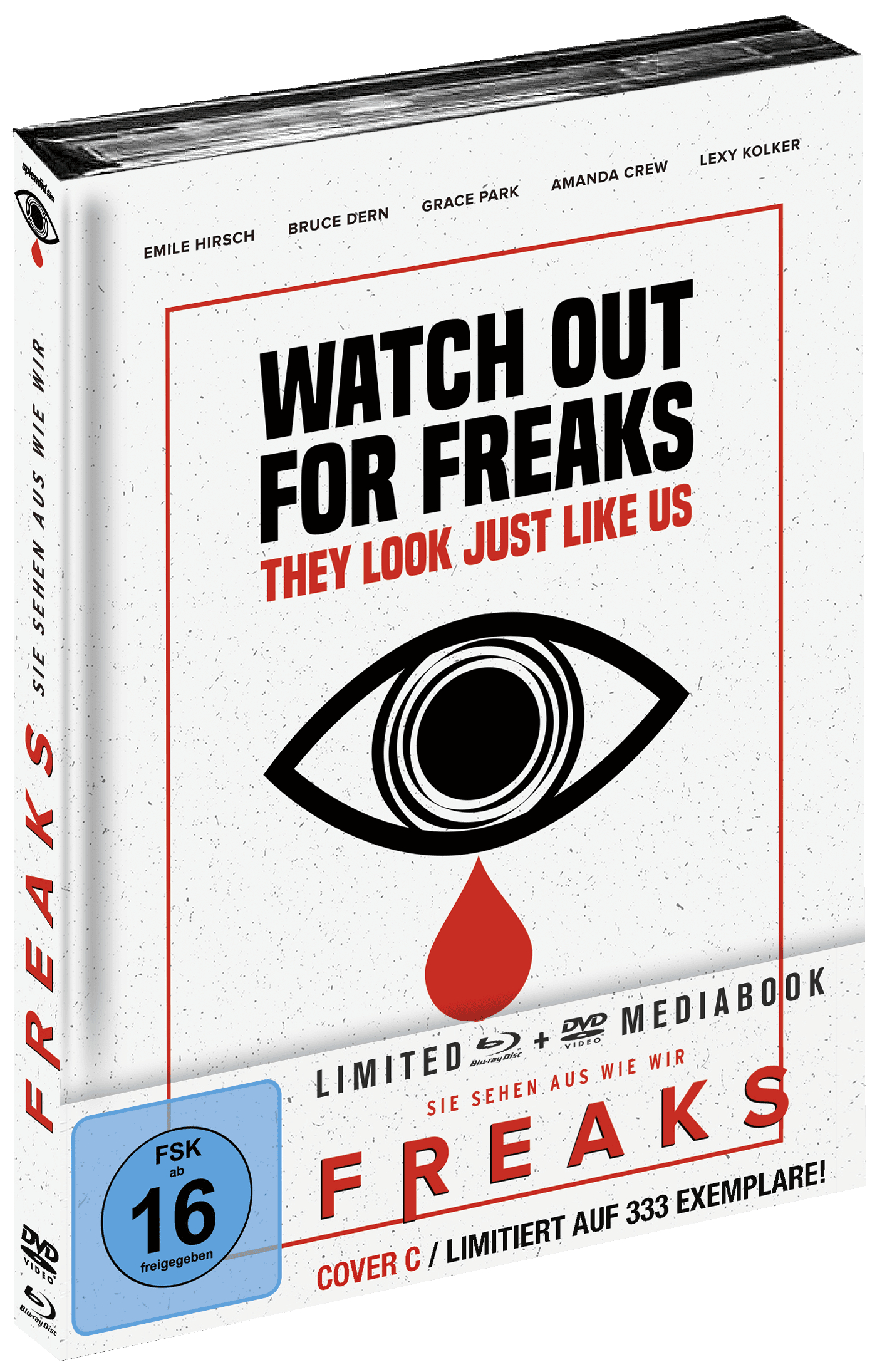 DVD-Box-Art für 'Watch Out For Freaks', mit Augen-Grafik, Filmtitel und Namen der Schauspieler.