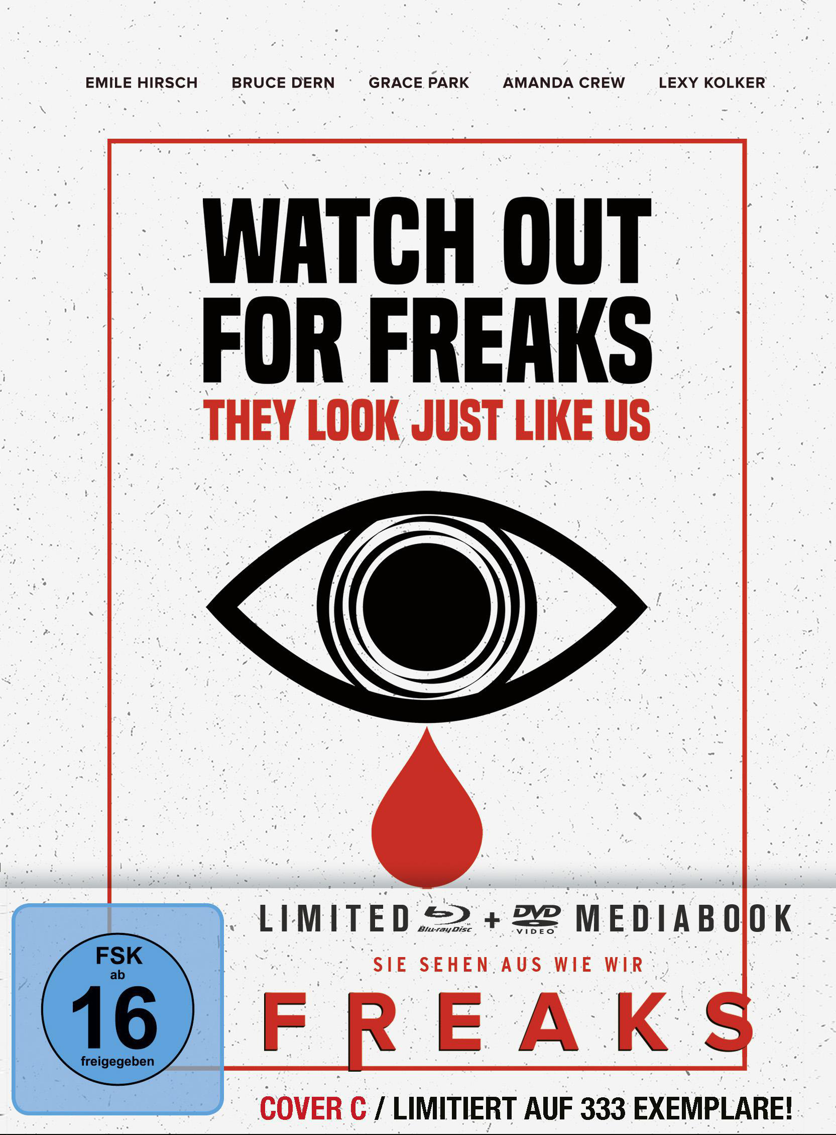 Filmplakat mit dem Titel "Watch Out for Freaks" und einem Auge.