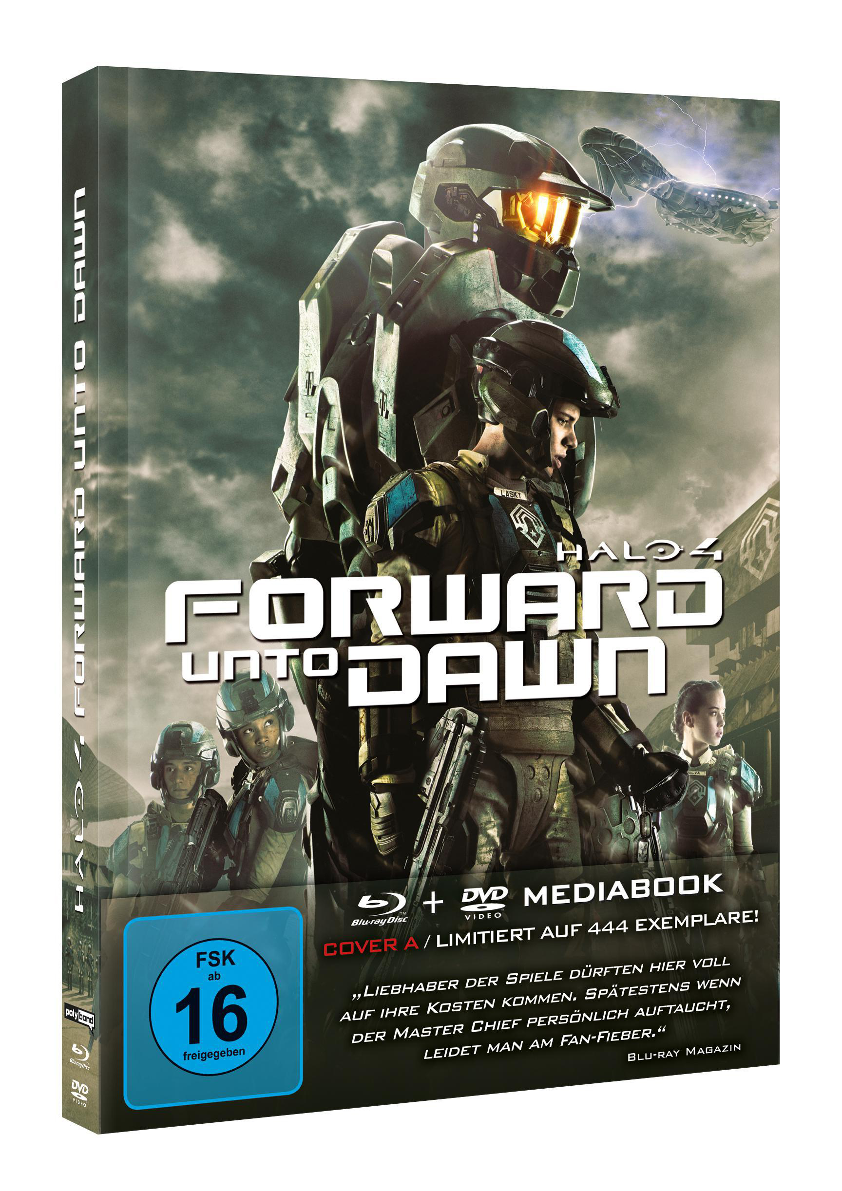 Blu-ray-Box-Art für 'Halo 4: Forward Unto Dawn' mit Soldaten und einem Schiff.