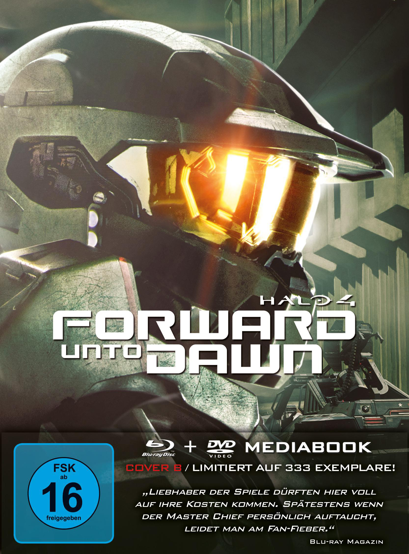 Das Cover der Halo 4: Forward Unto Dawn Blu-ray, mit Helm und Text auf dunklem Hintergrund.