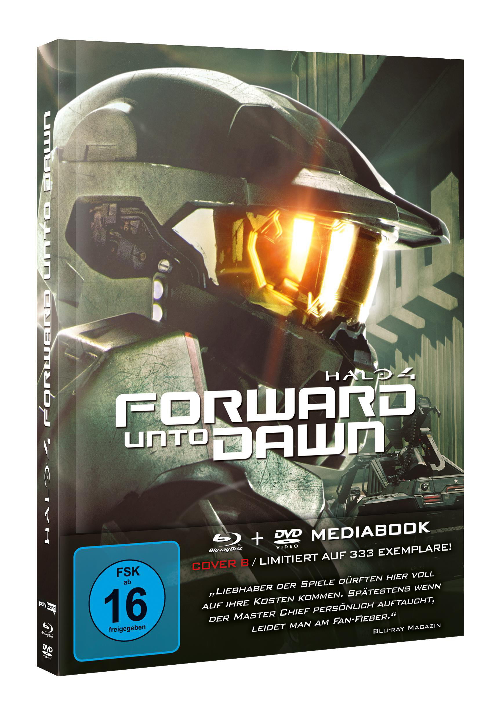 DVD-Cover: Halo 4-Spiel. Mann in Rüstung, mit Spieletitel. Der Hintergrund ist dunkel.