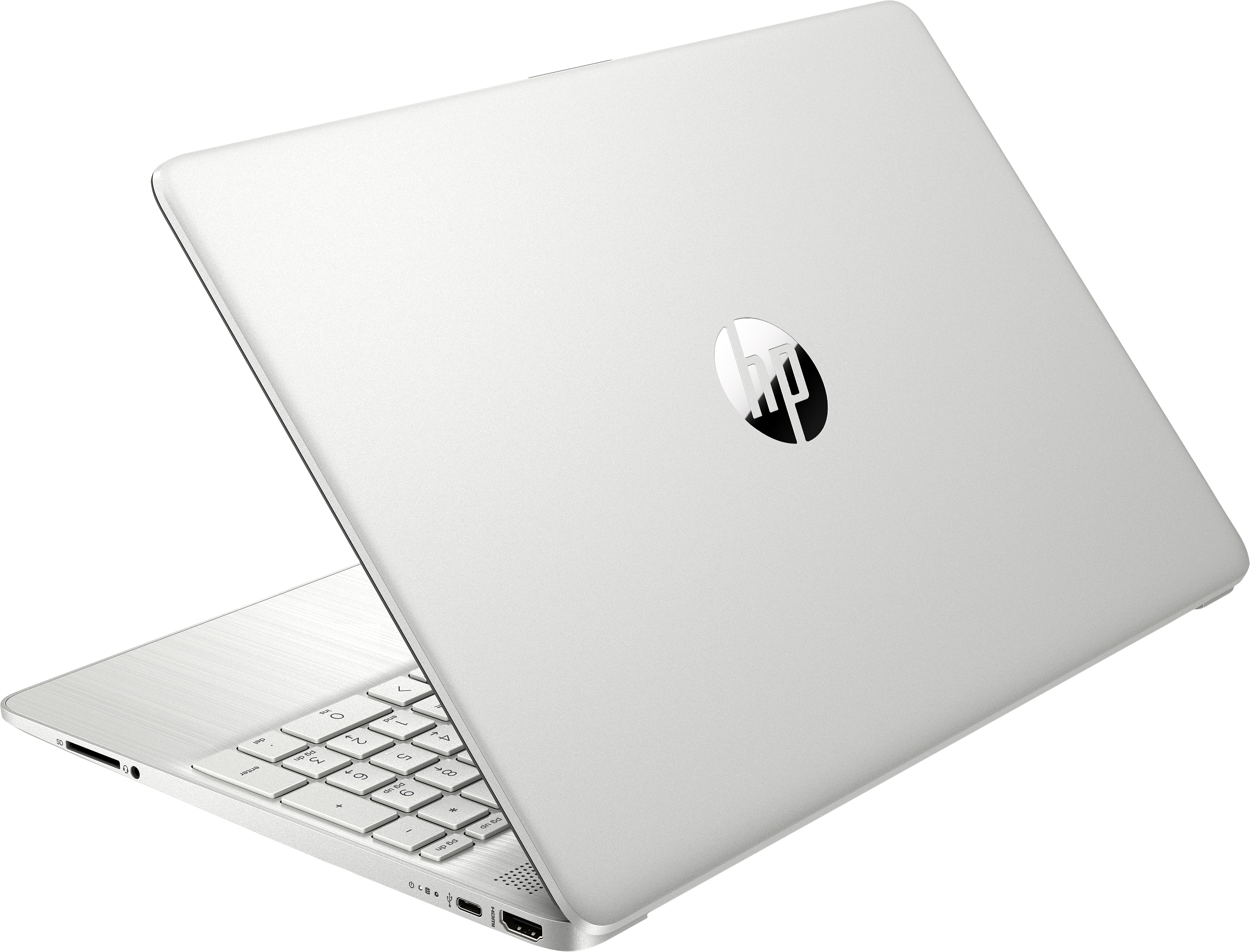 Un portátil HP plateado abierto, mostrando el teclado y el logotipo en la tapa. El fondo es negro.
