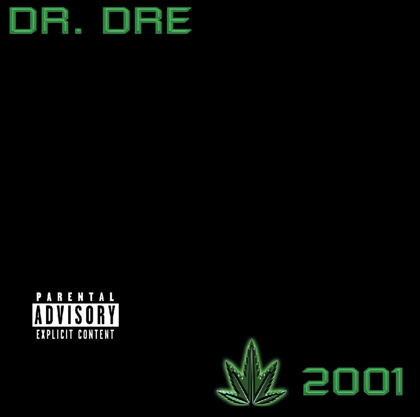 La pochette de l'album Dr. Dre, '2001'.  Comprend une feuille de marijuana et l'étiquette Parental Advisory sur noir.