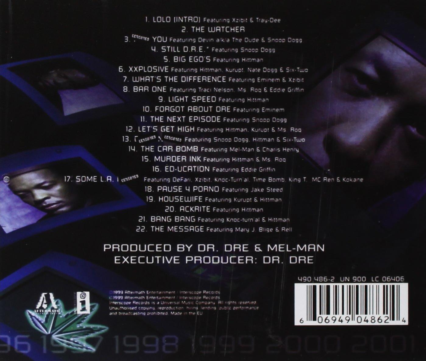 Dos d'un CD avec liste des titres. Avec Dr. Dre et Mel-Man comme producteurs.