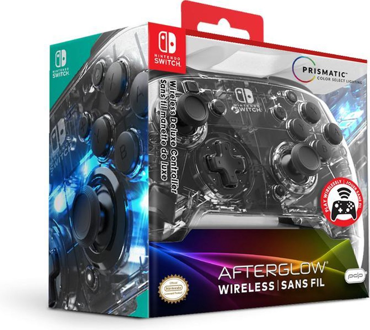 Nintendo Switch controller in a box. Clear plastic. Buttons, sticks, and casing are visible.