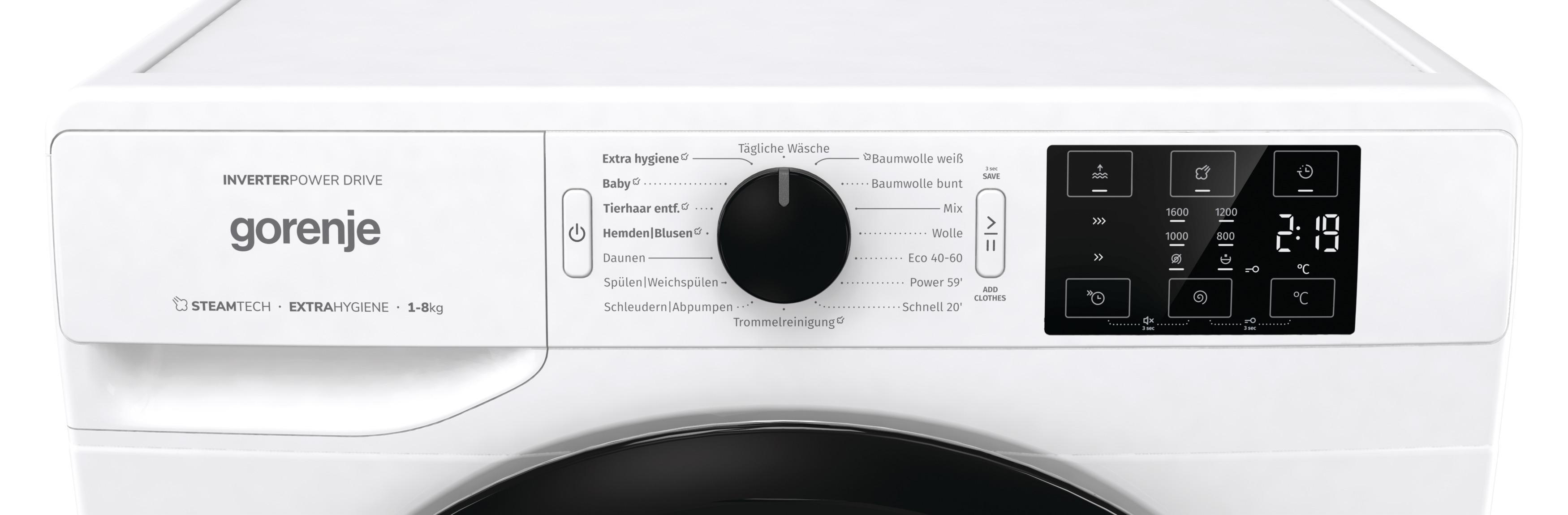Nahaufnahme des Bedienfelds einer weißen Gorenje Waschmaschine mit verschiedenen Programmen.