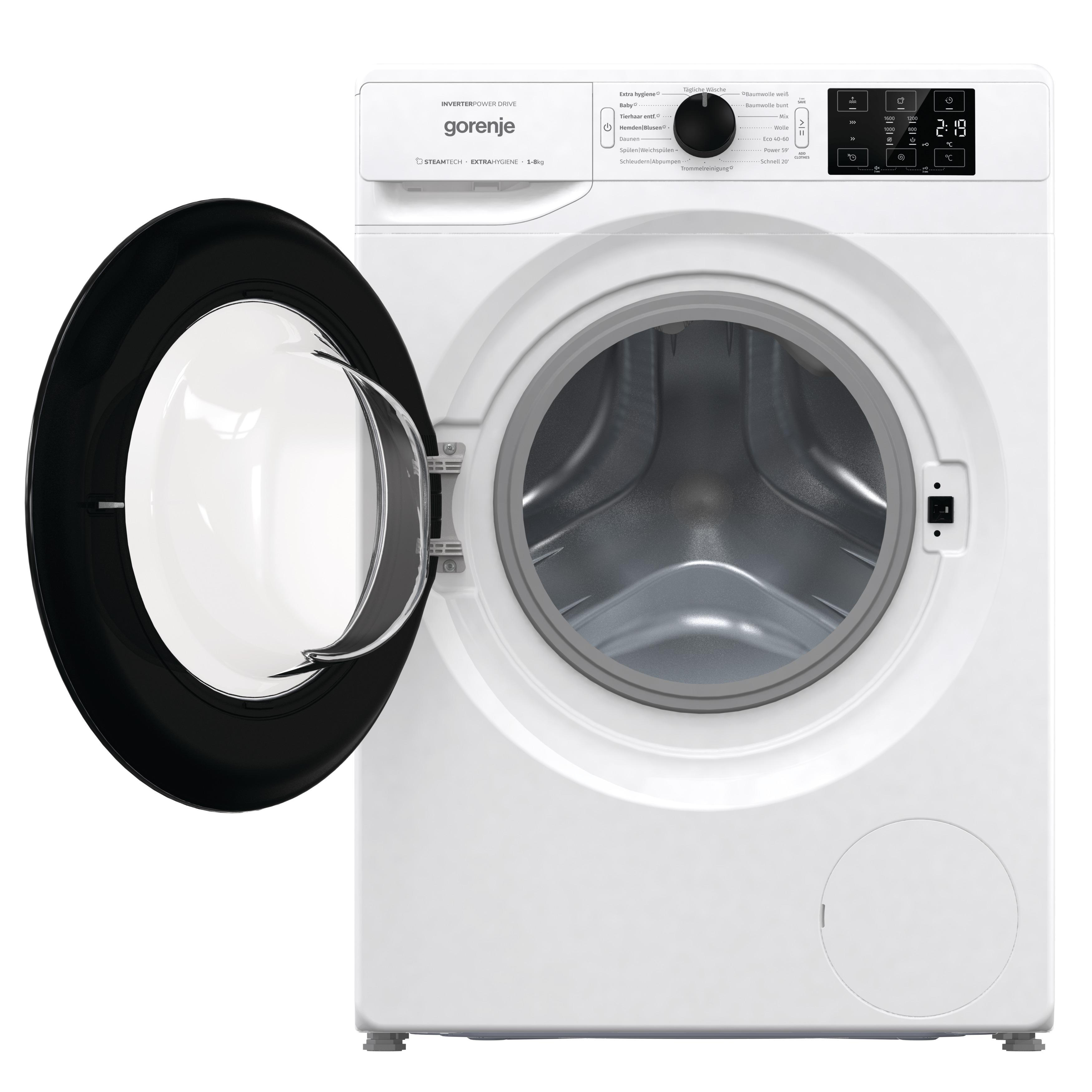 Eine weiße Waschmaschine mit offener Tür, die das Innere zeigt.