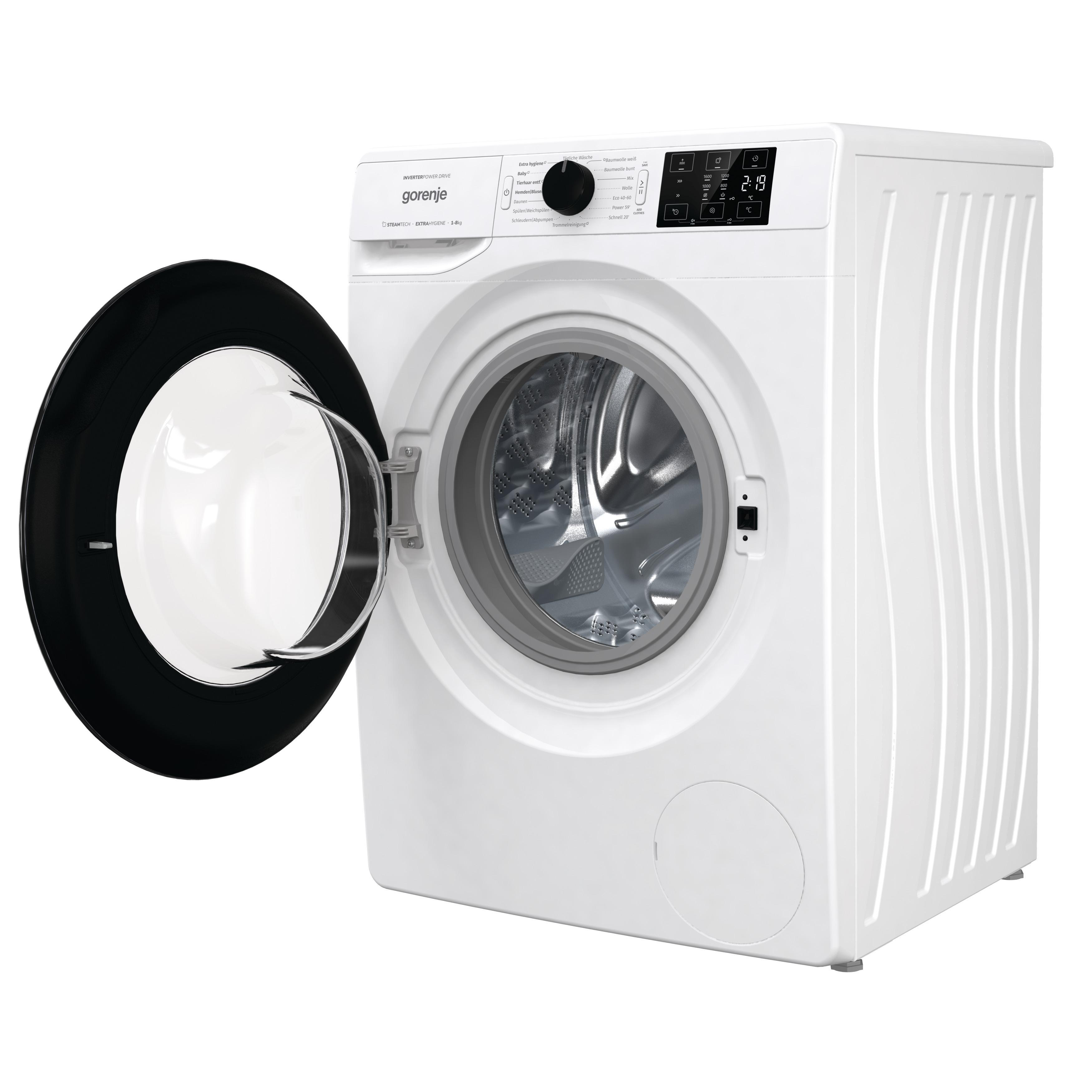 Eine weiße Waschmaschine mit geöffneter Tür. Die Tür hat einen schwarzen Rahmen.