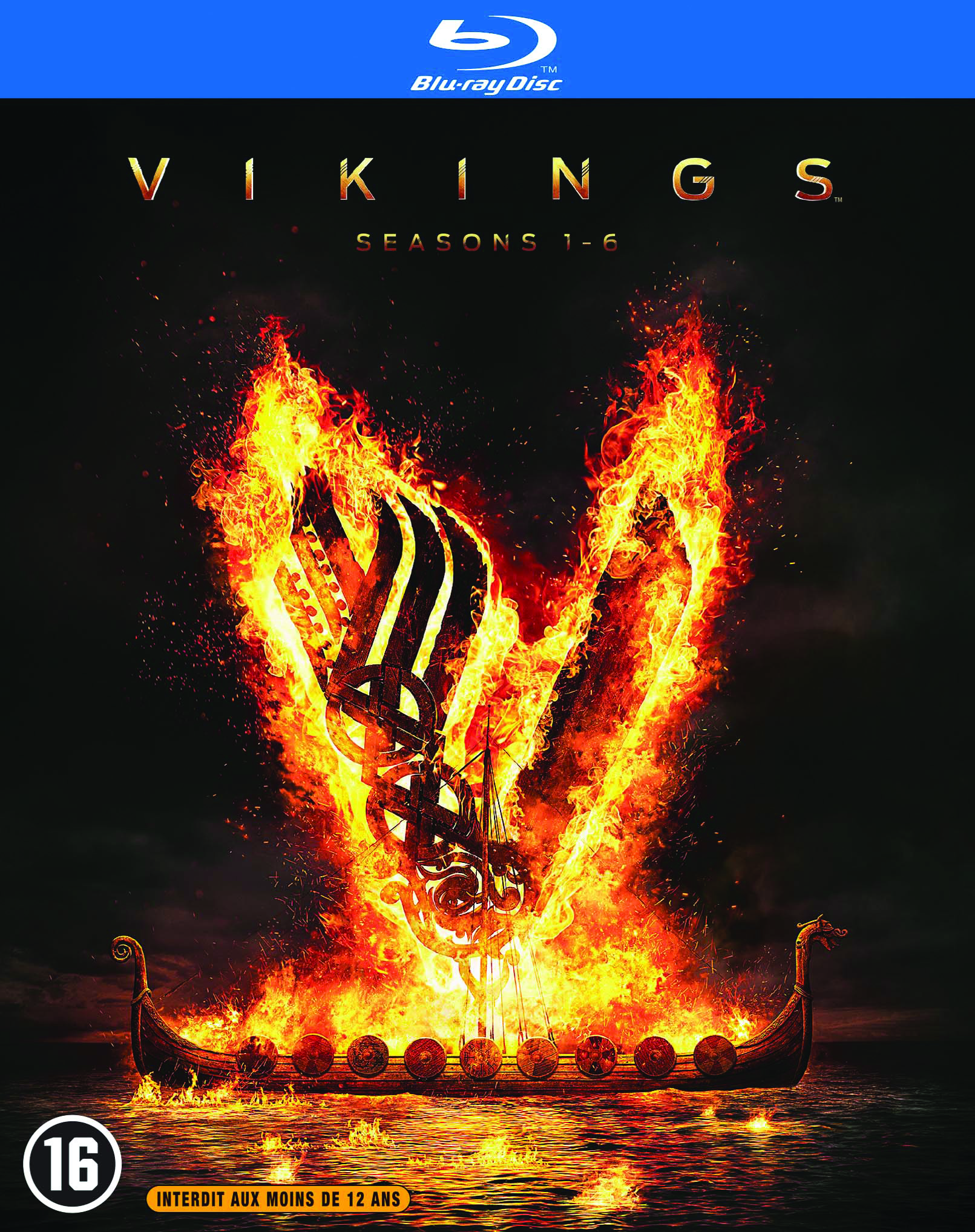 Pochette Blu-ray de Vikings. Comprend un drakkar en feu avec un motif de navire viking.