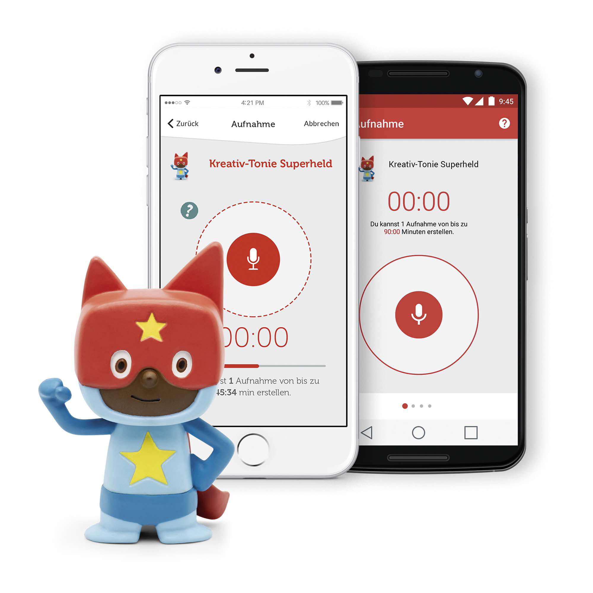 Ein Spielzeug-Superheld und zwei Smartphones mit App-Oberfläche.