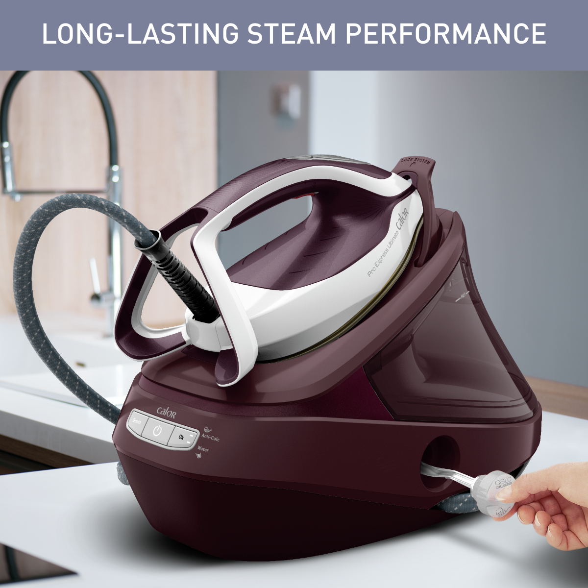 Calor Pro Express Ultimate steam iron with a burgundy body and white handle.