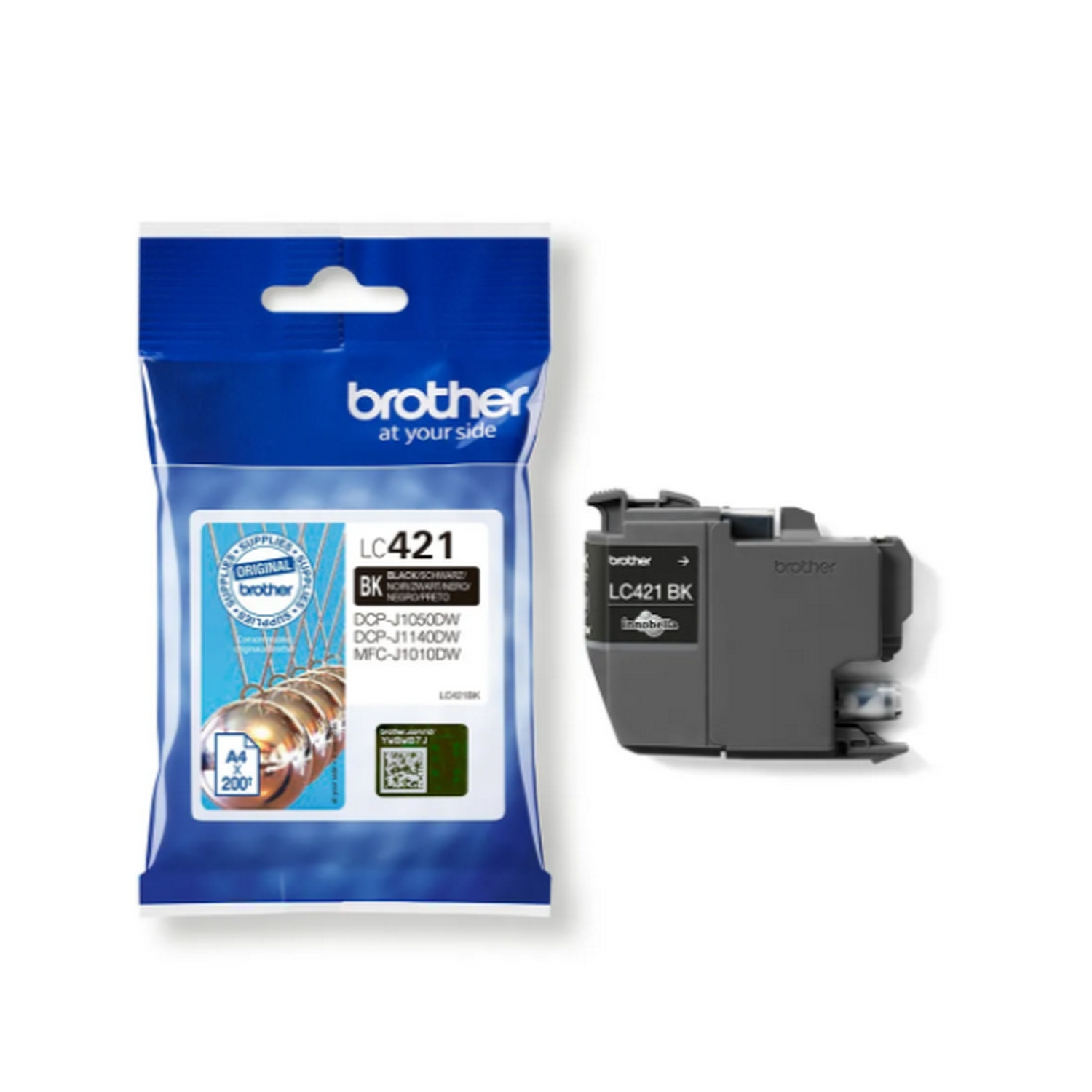 Cartucho de tinta Brother LC421 BK en embalaje azul, junto a cartucho suelto.