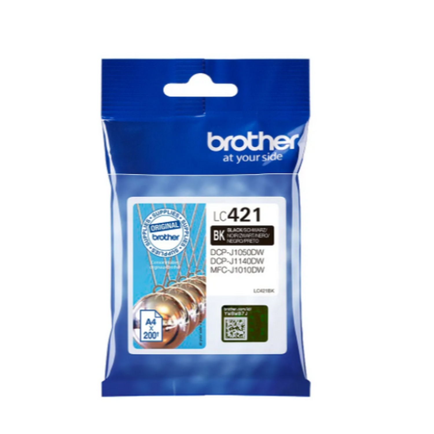 Un paquete de cartucho de tinta Brother LC421BK, con el logotipo de Brother y un código QR.