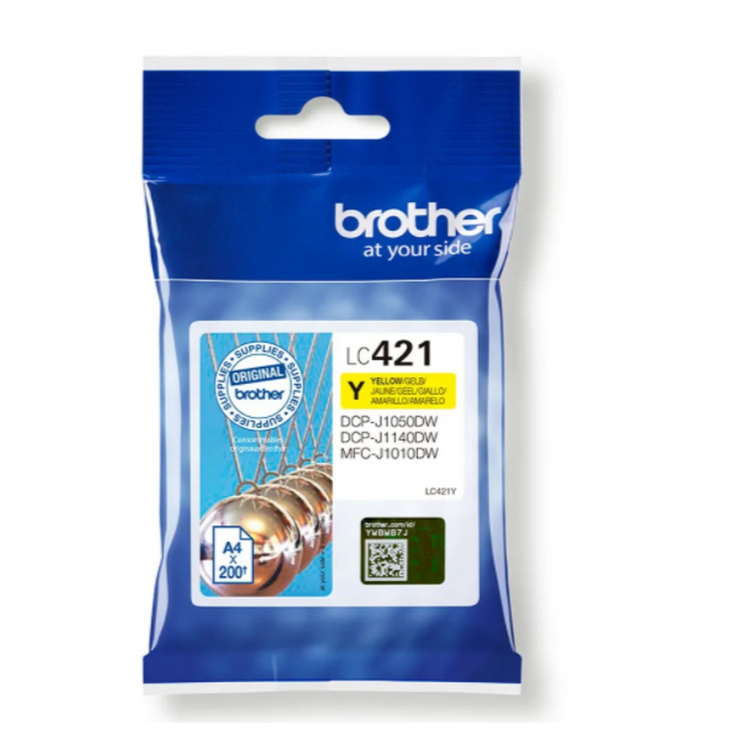 Un paquete de cartucho de tinta amarilla Brother LC421 Y con el nombre del producto y detalles.
