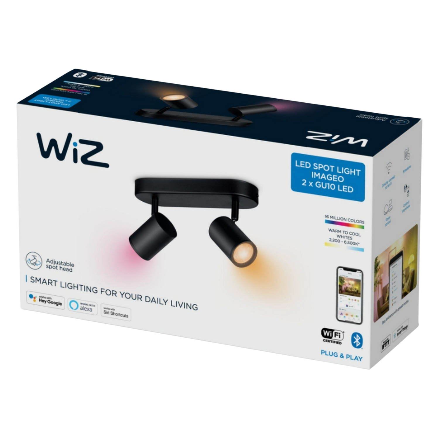 Foco - WiZ Imageo, 2 Focos, De techo, 2x 4.9 W, IP20, Wi-Fi + Bluetooth, Negro