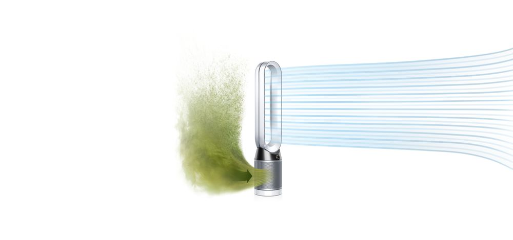 Purificador de aire Dyson. Flujo de aire mostrado con líneas de colores, verde y azul.