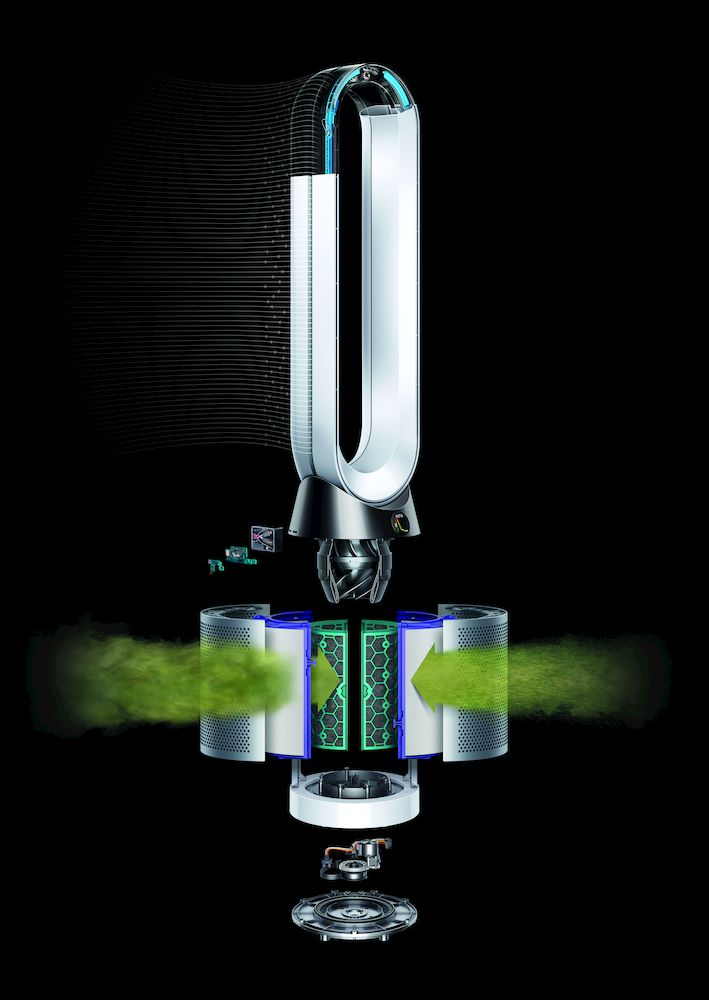 Vista explosionada del ventilador Dyson mostrando componentes, flujo de aire verde.