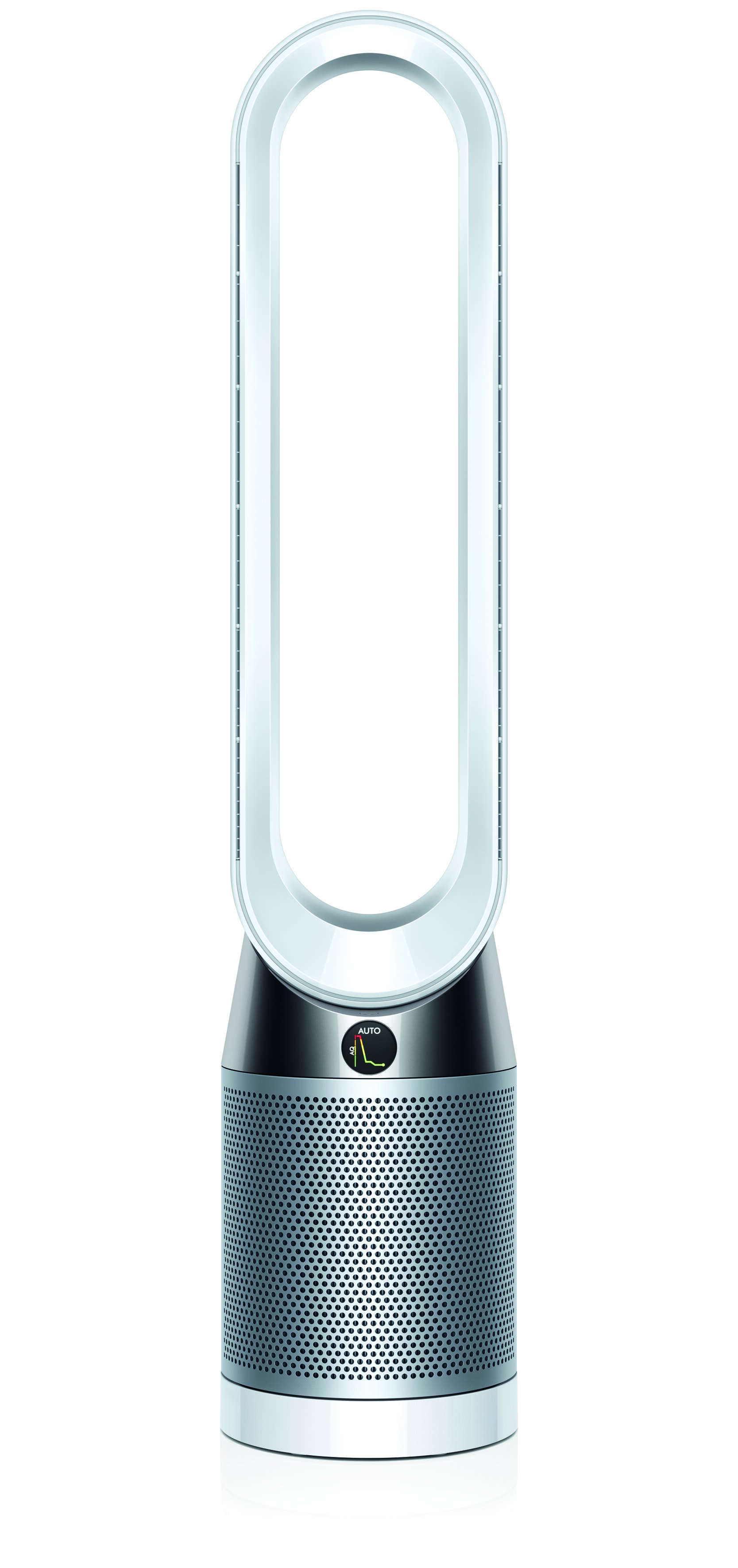 Un ventilador purificador de aire Dyson blanco y plateado.