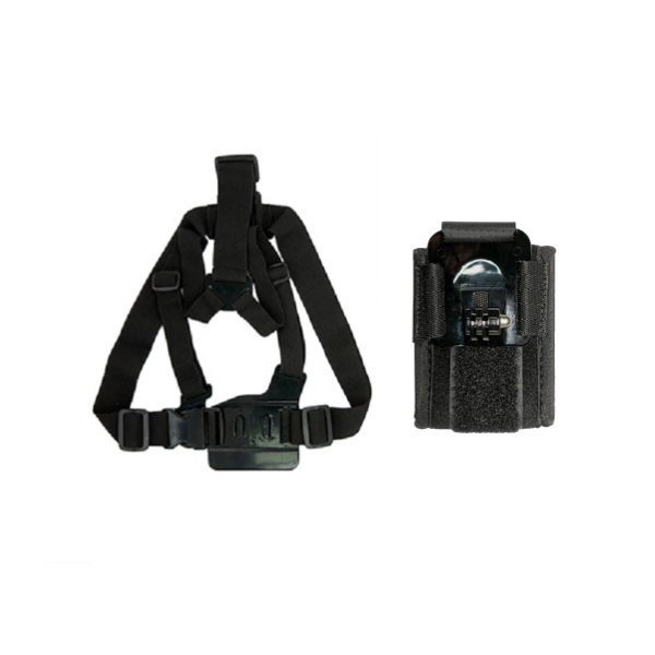 Schwarzes Brust- und Schultergeschirr mit GoPro-Halterung und zusätzlicher Halterung.