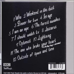 Schwarzes Albumcover mit weißem Text. Titelliste: Who, Weekend in the dust, Ice age usw.