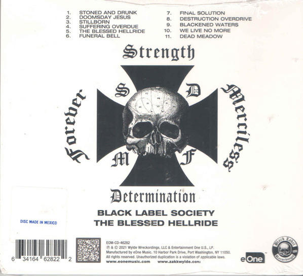 Album-Rückseite mit Totenkopf-Logo, Text auf weißem Hintergrund.