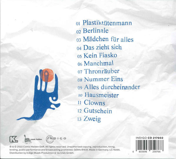 Die Rückseite einer CD mit blau-rotem Farbverlauf. Es gibt eine Liste von Songtiteln.