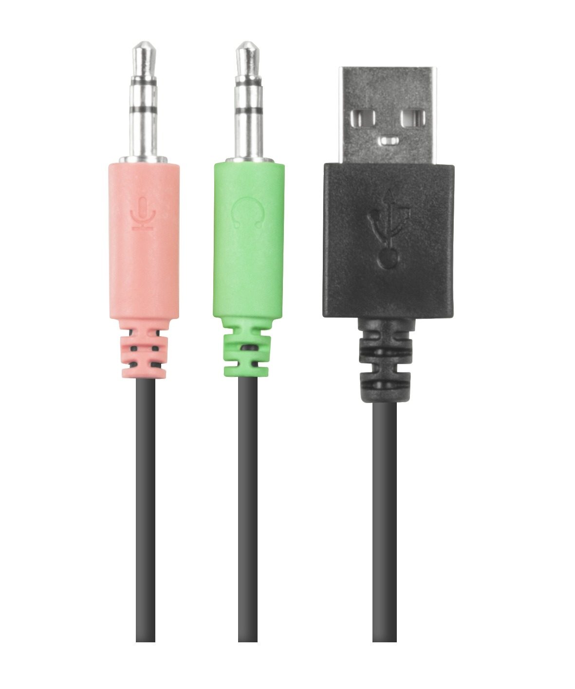 Drei Audioanschlüsse an schwarzen Kabeln mit USB-Anschluss auf weißem Hintergrund.